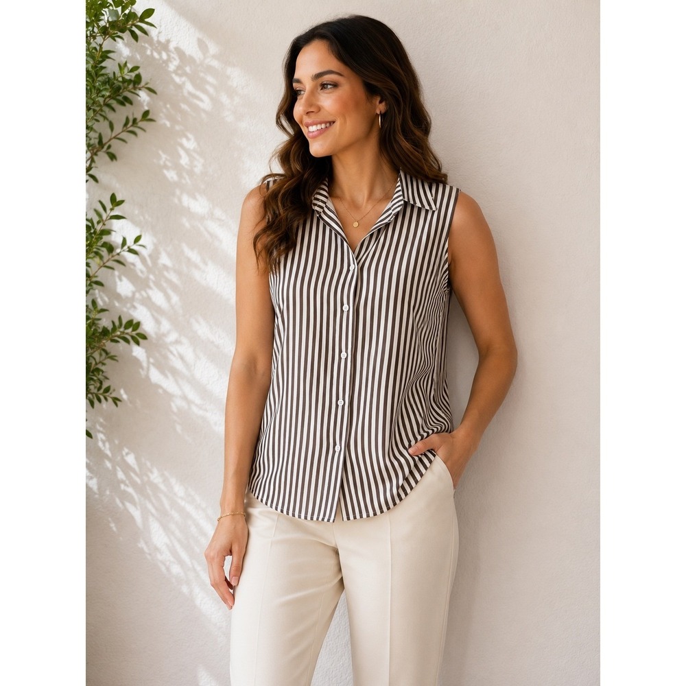 Brown White Stripe Sleeveless Button Down Shirt XL Workwear Top Corporate Baddie